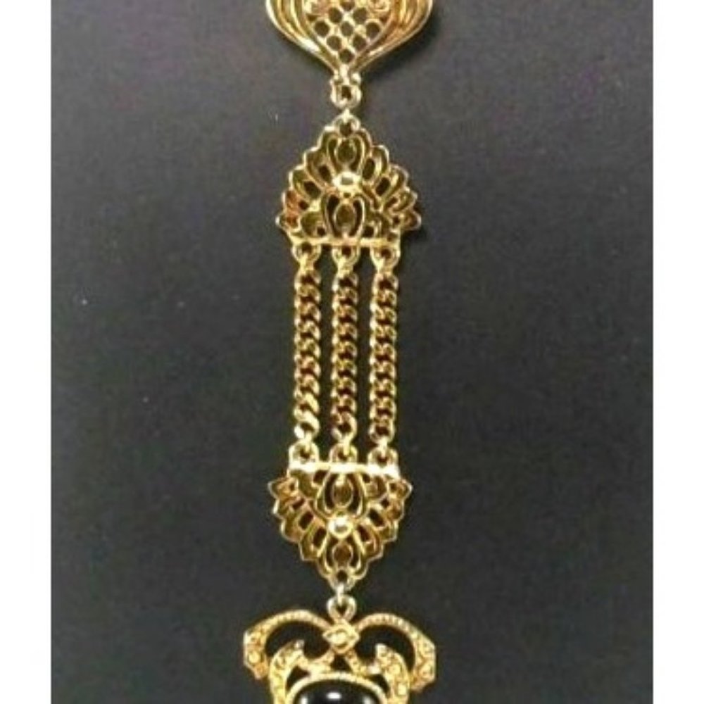 Ornate Multitiered Dangle Regency Pendant Brooch Necklace with Onyx in Gold Tone - Picture 4 of 6